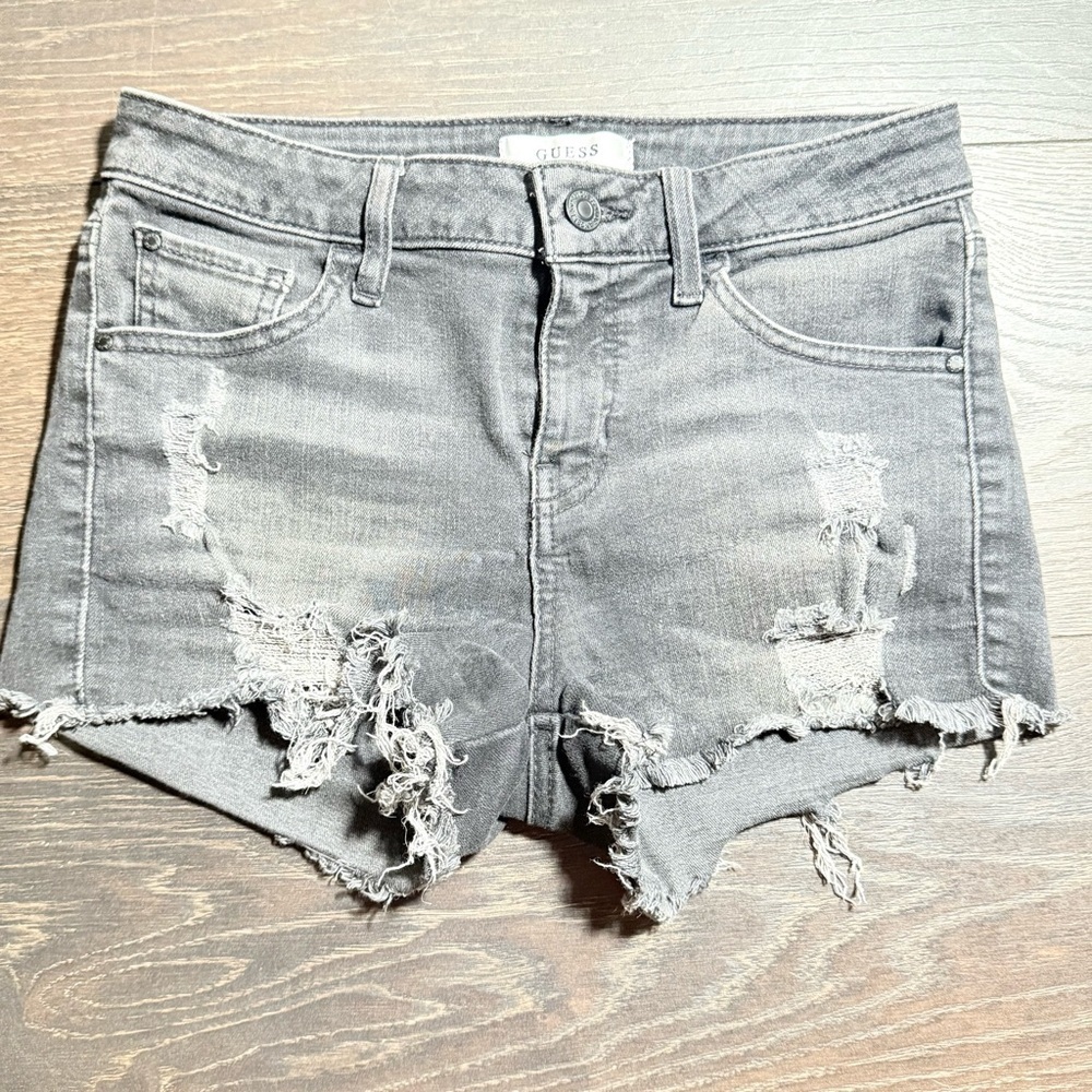 Guess Gray/black  Distressed Jean Shorts with Frayed Hem